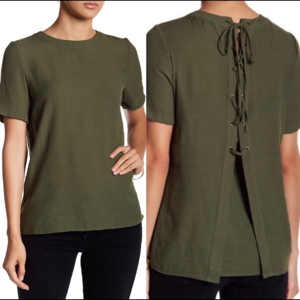 Ro & De Olive Green Split Lace Up Back Top
